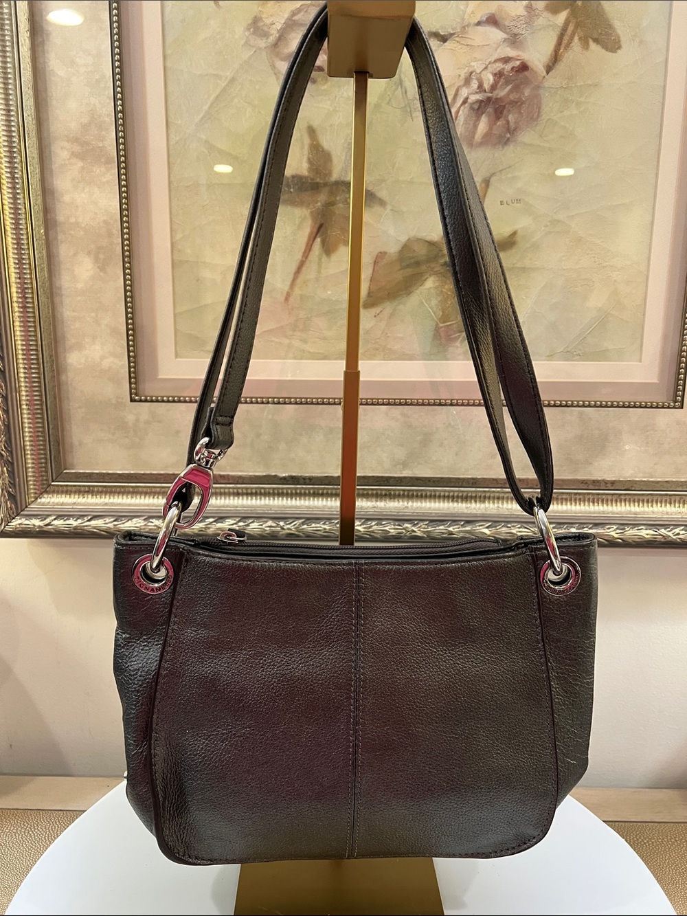 Tignanello Dark Silver Leather Shoulder Bag with Silver Rings